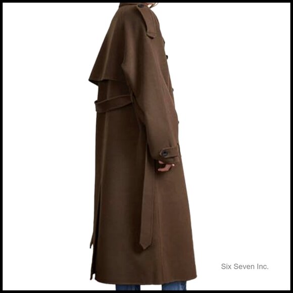 Women's Double Breasted Trench Coat Long Sleeve Loose Fit Belted Pea Coat - Picture 2 of 6